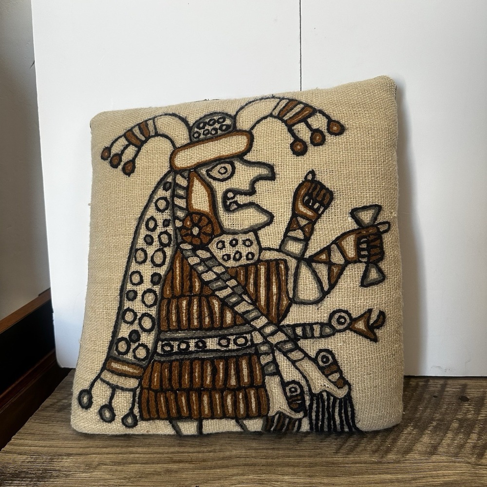 Vintage Handmade Aztec Tribal Peruvian Crewel Embroidered Throw Pillow Cover